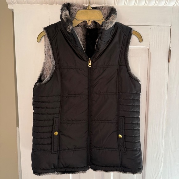 KC Collections Size Medium Women's Black Reversible Faux Fur Lined Puffer Vest - Picture 1 of 8